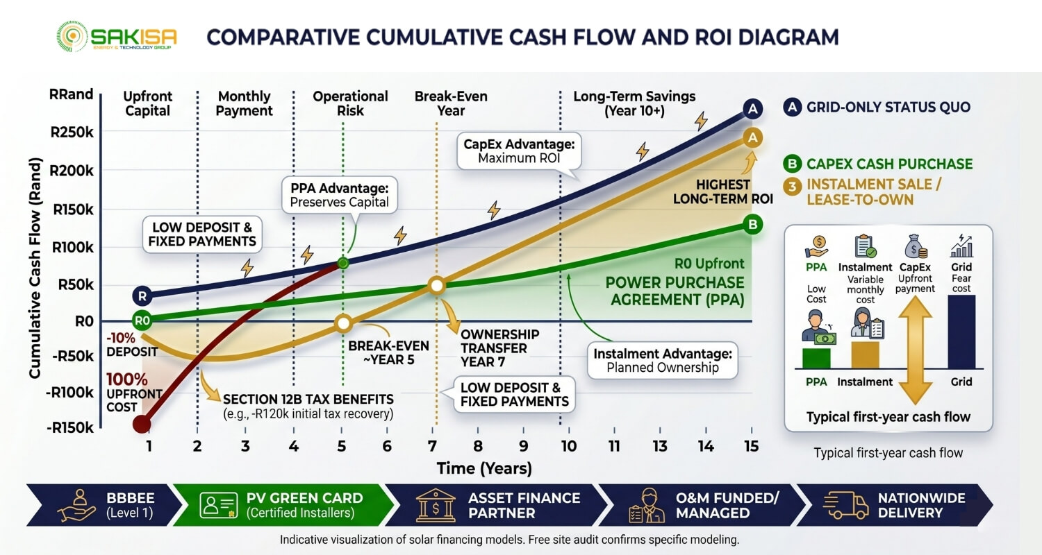 Comparative cash flow chart showing how South African businesses can manage liquidity using Sakisa’s Rent-to-Own solar finance model vs high outright purchase costs and Section 12B tax benefits